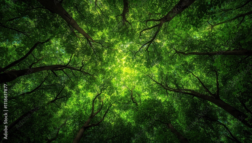 Lush Green Canopy Overhead in a Dense Forest with Sunlight Filtering Through Leaves Creating a Serene and Tranquil Natural Environment Lush Green Canopy Overhead in a Dense Forest with Sunlight Filtering Through Leaves Creating a Serene and Tranquil Natural Environment