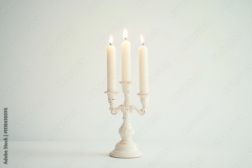 A white background features an antique candlestick adorned with white candles that have glowing flames. A white background features an antique candlestick adorned with white candles that have glowing flames.