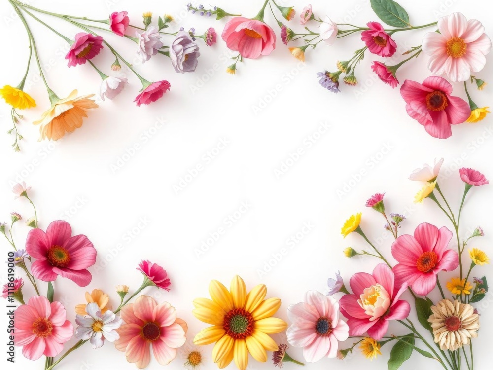 Beautiful floral frame with various vibrant flowers around a blank white space in the middle, perfect for adding text or images, nature, spring, mockup Beautiful floral frame with various vibrant flowers around a blank white space in the middle, perfect for adding text or images, nature, spring, mockup