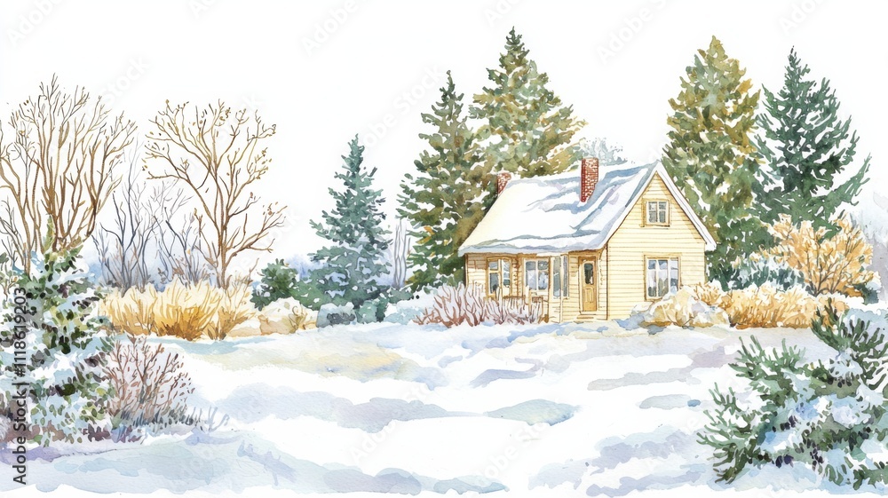 Winter wonderland watercolor scene cozy house in snowy landscape serene nature viewpoint tranquil atmosphere Winter wonderland watercolor scene cozy house in snowy landscape serene nature viewpoint tranquil atmosphere
