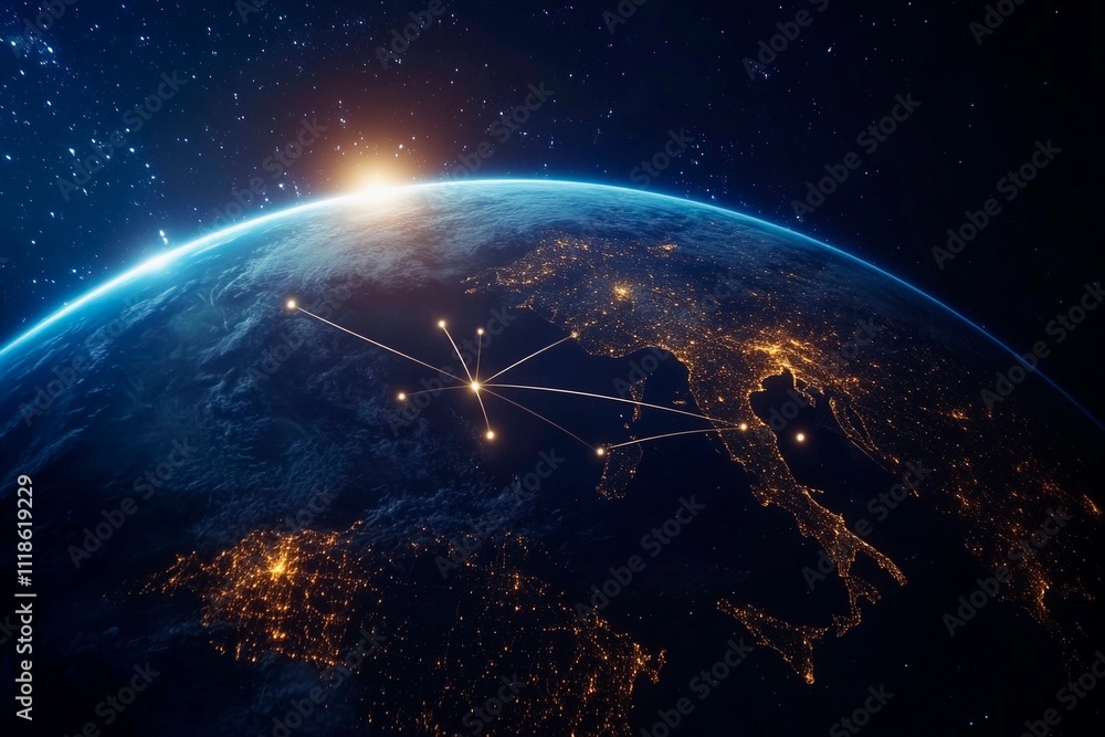 Fototapeta premium Illuminated Earth against the backdrop of a cosmic dawn with network connections. Generative AI