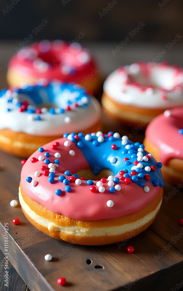 Donuts with red, white, and blue icing and sprinkles sit on a rustic wooden table, embodying American patriotism in colorful simplicity._00001_ Donuts with red, white, and blue icing and sprinkles sit on a rustic wooden table, embodying American patriotism in colorful simplicity._00001_