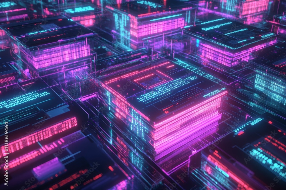 Neon-lit data cubes, glowing code, digital landscape. Neon-lit data cubes, glowing code, digital landscape.