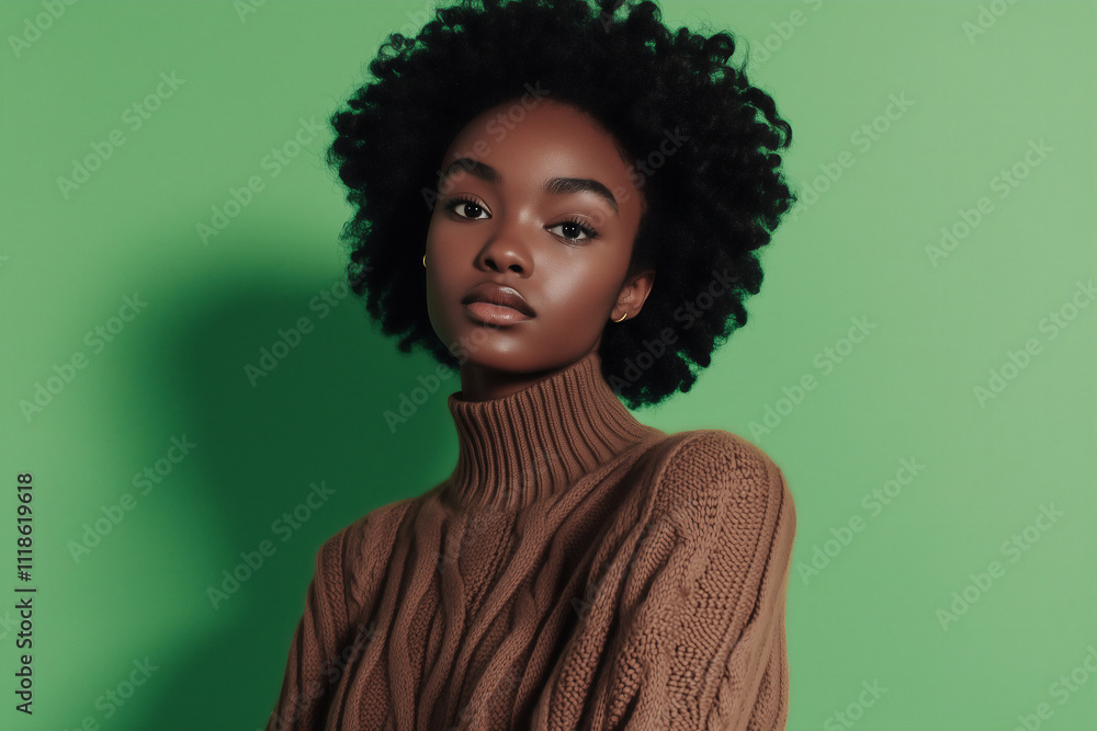 black woman with Afro wearing a muted mocha brown cable knit sweater on green background, 2025 color trend black woman with Afro wearing a muted mocha brown cable knit sweater on green background, 2025 color trend
