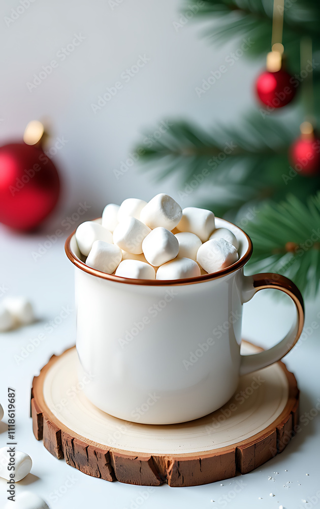 Cozy winter scene featuring a steaming mug topped with marshmallows, surrounded by festive decorations on a plain white background._00001_ Cozy winter scene featuring a steaming mug topped with marshmallows, surrounded by festive decorations on a plain white background._00001_