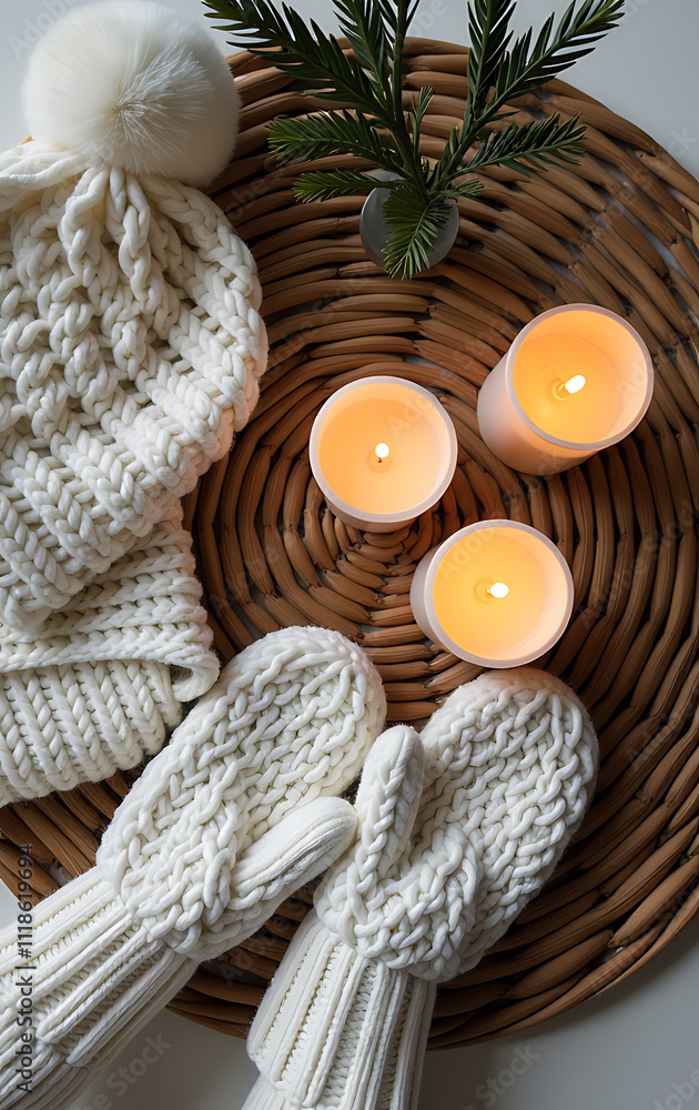 Cozy winter scene featuring a top view of knitted headwear, mittens, sweater, and candles on a rattan serving mat._00001_ Cozy winter scene featuring a top view of knitted headwear, mittens, sweater, and candles on a rattan serving mat._00001_
