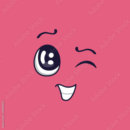Winking cartoon face radiating a playful smile and raised eyebrow, effortlessly conveying mischief and fun, all set against a vibrant pink backdrop full of energy