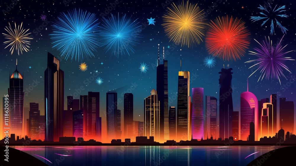 Vibrant City Skyline with Fireworks - A stunning illustration of a city skyline illuminated by colorful fireworks against a twilight sky, symbolizing celebration and vibrancy. Vibrant City Skyline with Fireworks - A stunning illustration of a city skyline illuminated by colorful fireworks against a twilight sky, symbolizing celebration and vibrancy.