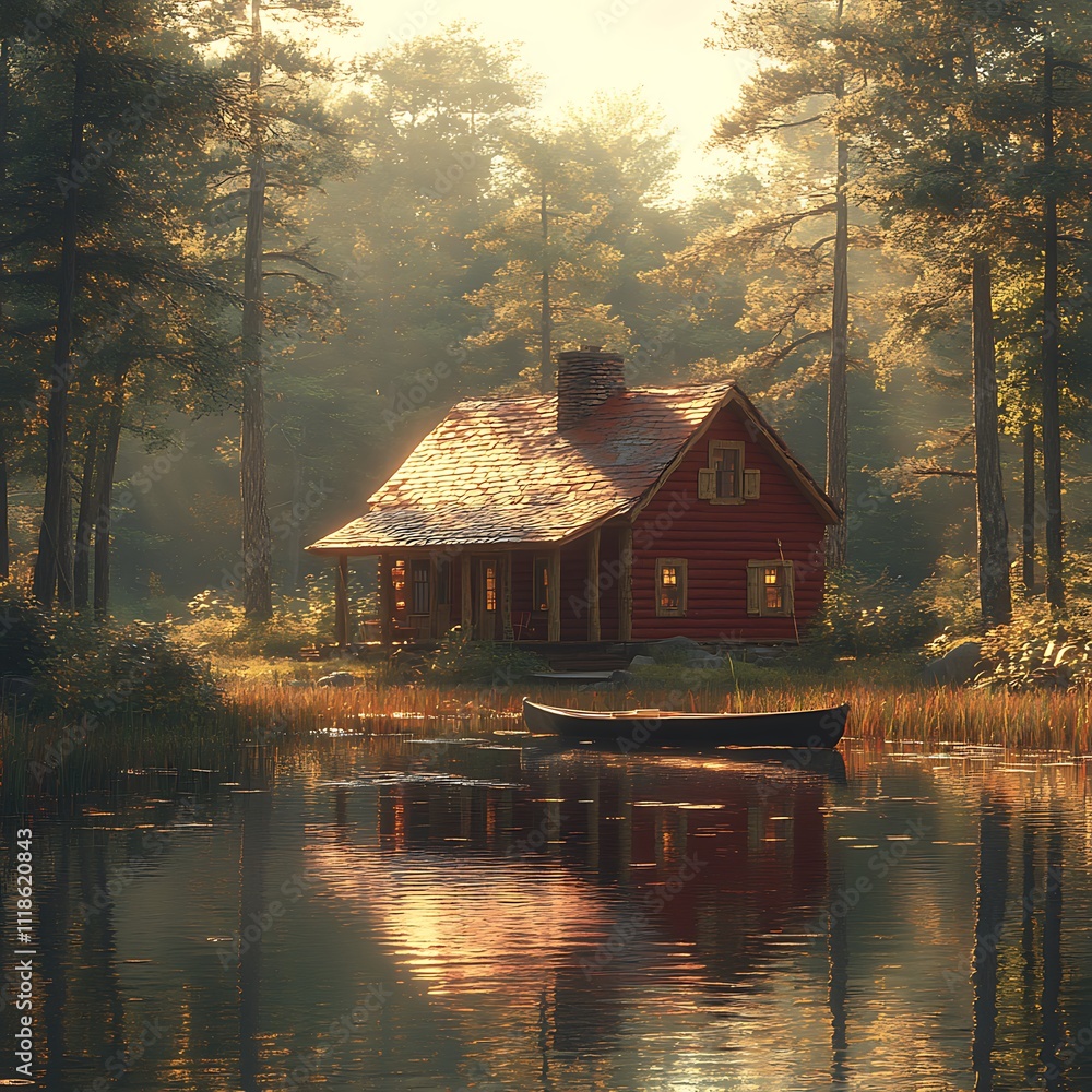 Fototapeta premium Rustic cabin overlooking calm forest lake with autumn leaves surrounding picture
