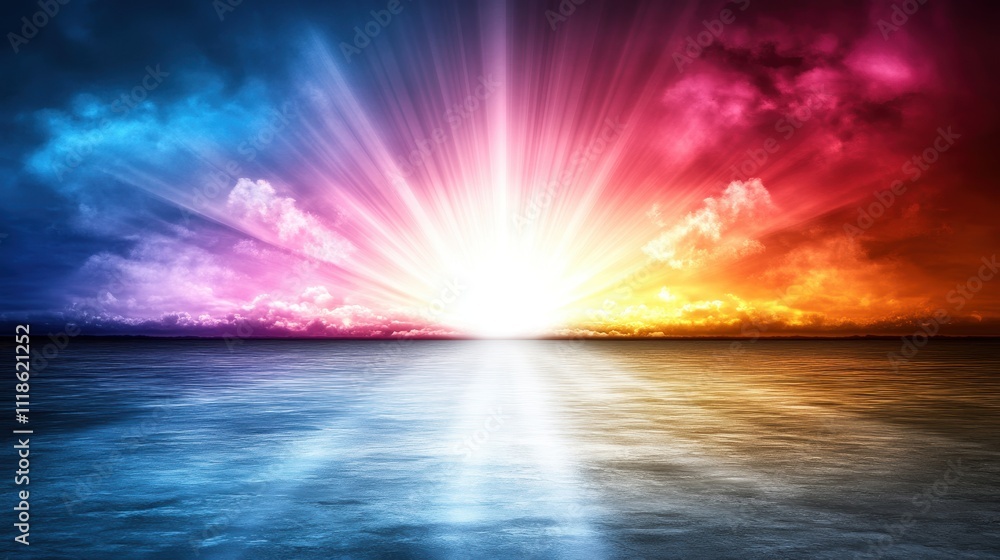 Vibrant sunrise over calm water with colorful clouds. Vibrant sunrise over calm water with colorful clouds.