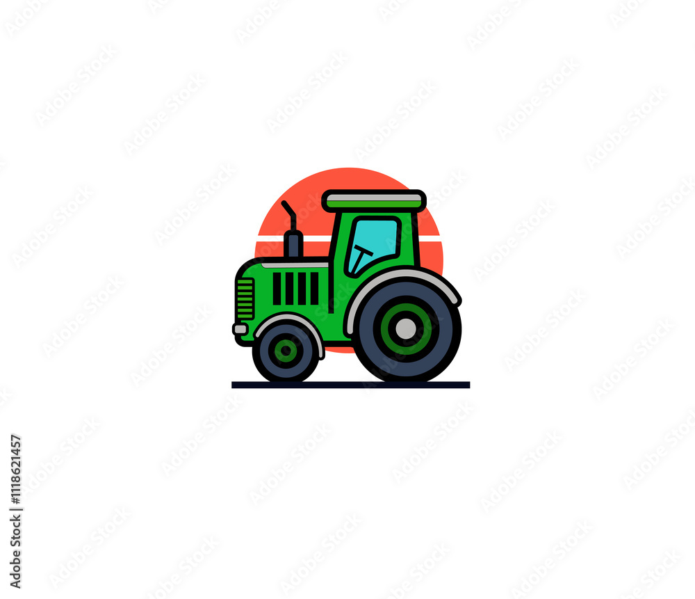 Vector illustration of a cartoon tractor with a big sun in the background Vector illustration of a cartoon tractor with a big sun in the background