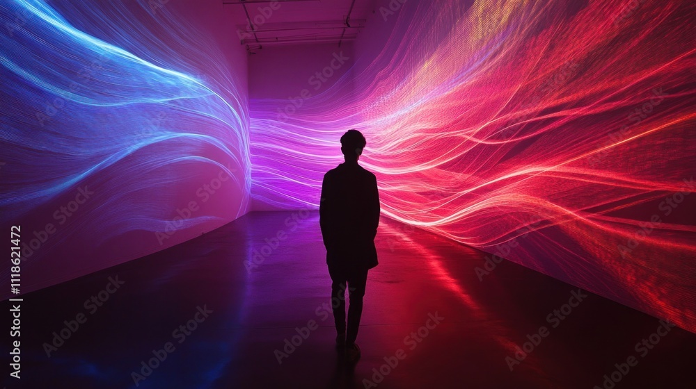 Immersive Light Installation: A Person Silhouetted Against Vibrant, Dynamic Waves of Color Immersive Light Installation: A Person Silhouetted Against Vibrant, Dynamic Waves of Color