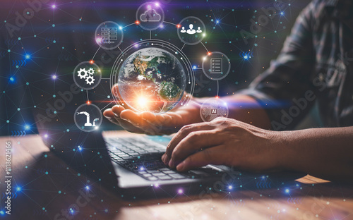 Futuristic Technology Concept with Digital Globe, AI, and Cloud Computing Icons. Global Network, Data Analytics, and Smart Automation on Laptop Background for Digital Transformation and Innovation.