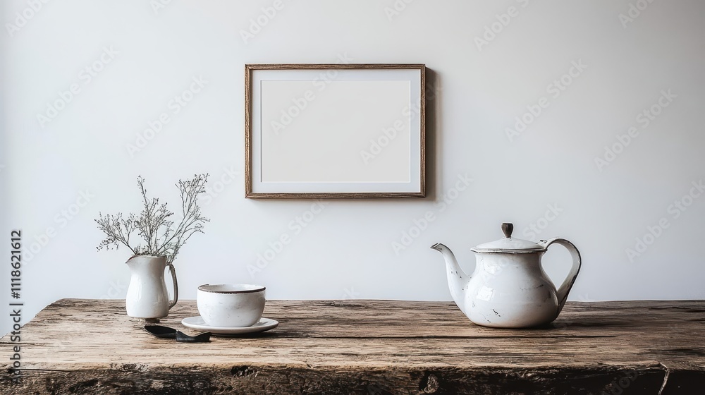 Empty frame on a rustic wooden table with a teacup and teapot, dried flowers. Empty frame on a rustic wooden table with a teacup and teapot, dried flowers.