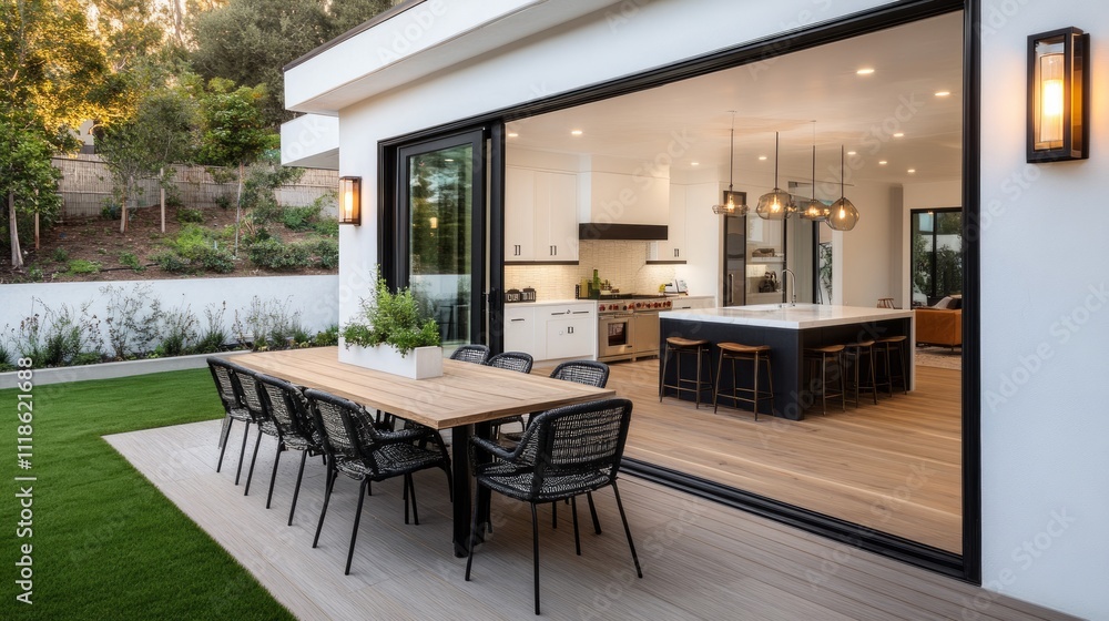 Modern outdoor dining area with sliding glass doors revealing a contemporary kitchen. Modern outdoor dining area with sliding glass doors revealing a contemporary kitchen.