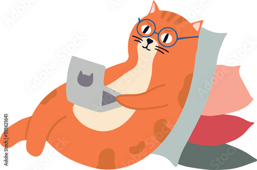 Relaxed ginger cat wearing round glasses and working from home, lying on pillows and using laptop with cat sticker, depicting comfortable and humorous freelance or remote work concept