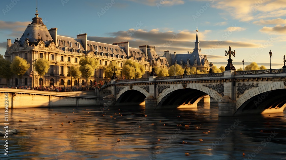 Obraz premium Expansive bridge architecture elegant arches supporting cables spanning a large river rendered in classic realism style