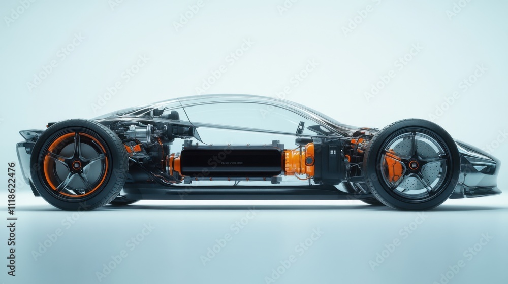 Transparent car illustrating internal components and battery Transparent car illustrating internal components and battery