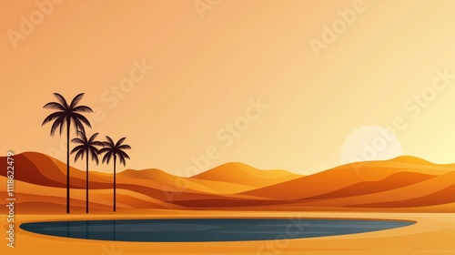 Desert oasis with palm trees and a clear blue pond, surrounded by golden dunes under the summer sun