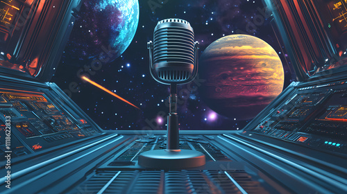 Fototapeta Naklejka Na Ścianę i Meble -  Microphone set on a space station with stars, planets, and futuristic controls in the background. Stellar. Illustration