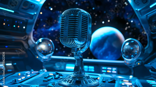 Fototapeta Naklejka Na Ścianę i Meble -  Microphone set on a space station with stars, planets, and futuristic controls in the background. Stellar. Illustration