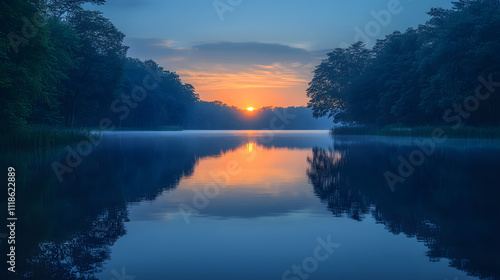 A Peaceful Lakeside Scene at Dawn, Showcasing the Reflective Beauty of Water and Nature's Tranquility