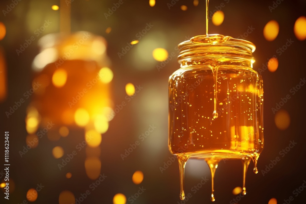 Golden liquid pours into glass jar, bokeh background. Golden liquid pours into glass jar, bokeh background.