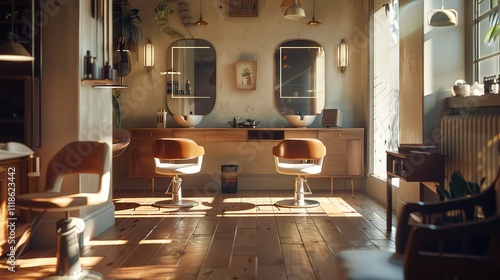 A photo of a hair salon with chairs and lights hanging from the ceiling, creating a modern and stylish atmosphere, A hair salon full of bright colors and busy hairdressers, AI Generated