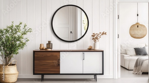 Modern round mirror above mid-century sideboard in minimalist hallway.