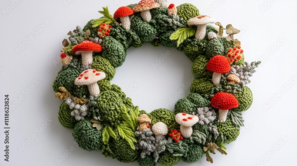Crochet mushroom and moss autumn wreath. Crochet mushroom and moss autumn wreath.