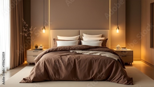 Modern bedroom interior with mocha-toned bedding and warm ambient lighting, contemporary design, ideal for home decor, lifestyle, or real estate promotion, front view