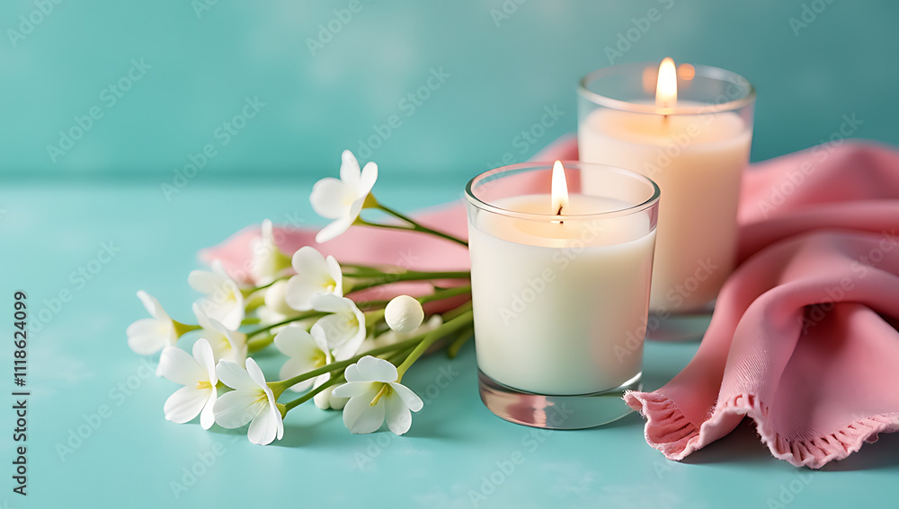 Candles in glasses sit above gypsophila flowers on a teal background with a pink scarf, creating a serene and peaceful scene._00001_ Candles in glasses sit above gypsophila flowers on a teal background with a pink scarf, creating a serene and peaceful scene._00001_