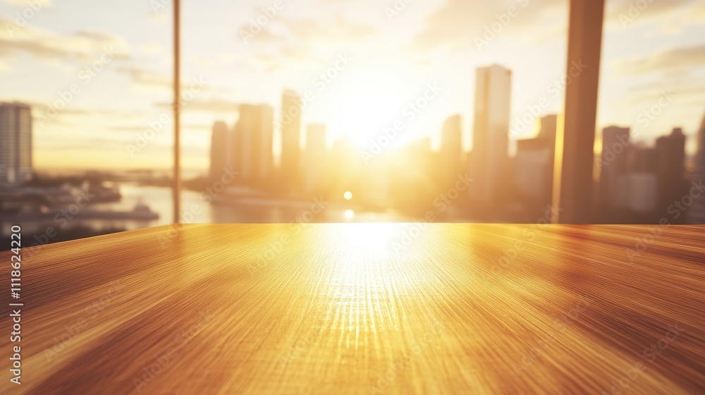 Empty wooden table in front of city skyline view at sunrise. Empty wooden table in front of city skyline view at sunrise.