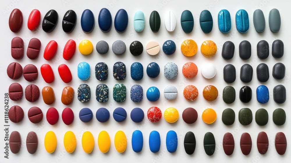 Different shaped pills in shades of red, blue, yellow, and green, spread out on a flat white table, captured in high-resolution Different shaped pills in shades of red, blue, yellow, and green, spread out on a flat white table, captured in high-resolution