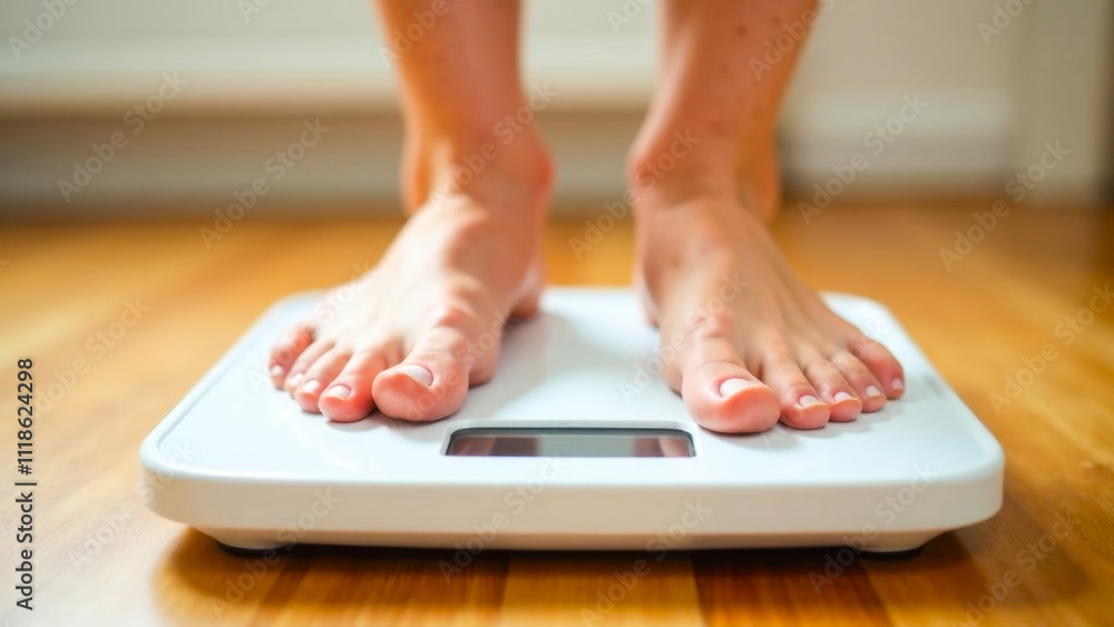 Fototapeta premium Close-up of feet on a scale checking body weight, against a blurred background of a wooden floor