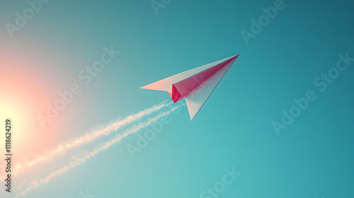 A Paper Airplane Soaring Gracefully Through Clear Blue Skies with Dynamic Motion and Subtle Air Resistance Streaks