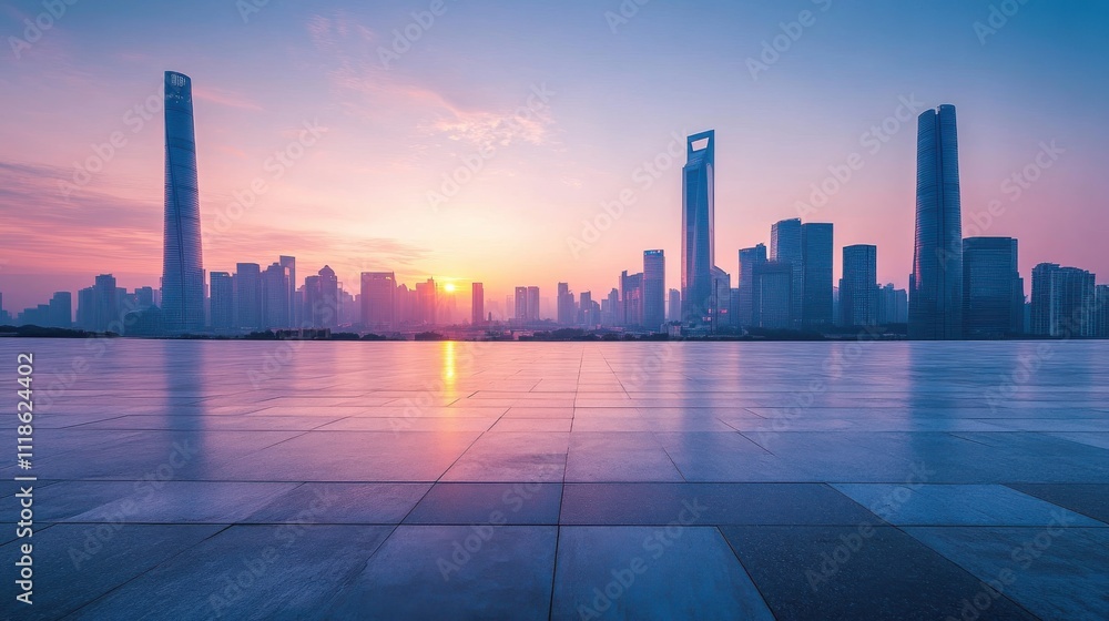 Bright city skyline at dawn with an empty square space and a sleek futuristic bridge Bright city skyline at dawn with an empty square space and a sleek futuristic bridge