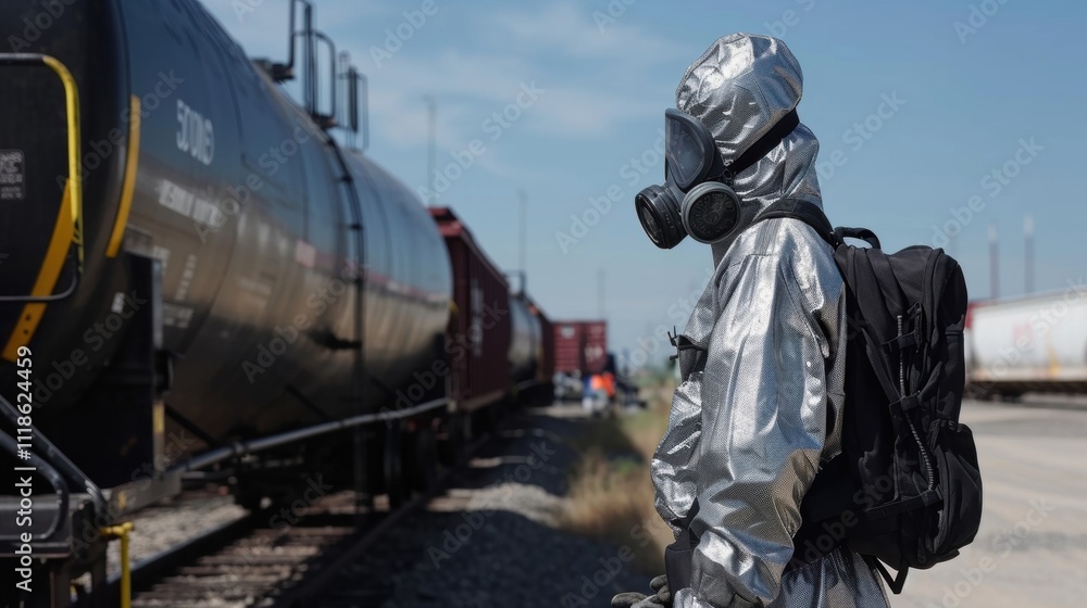 A crew member stands at a station with a specialized safety suit and equipment prepared to handle any potential spills or leaks during the transport of hazardous materials. A crew member stands at a station with a specialized safety suit and equipment prepared to handle any potential spills or leaks during the transport of hazardous materials.