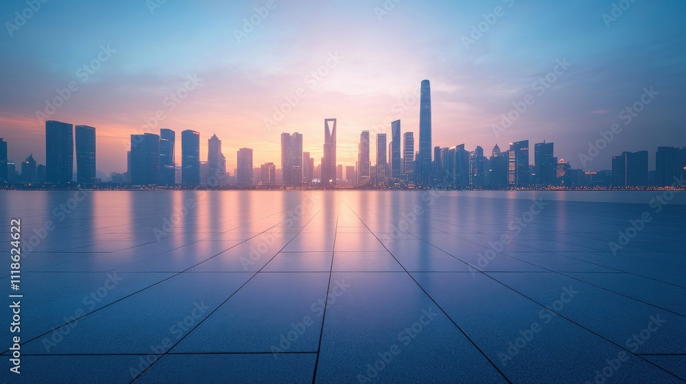 Bright city skyline at dawn with an empty square space and a sleek futuristic bridge Bright city skyline at dawn with an empty square space and a sleek futuristic bridge