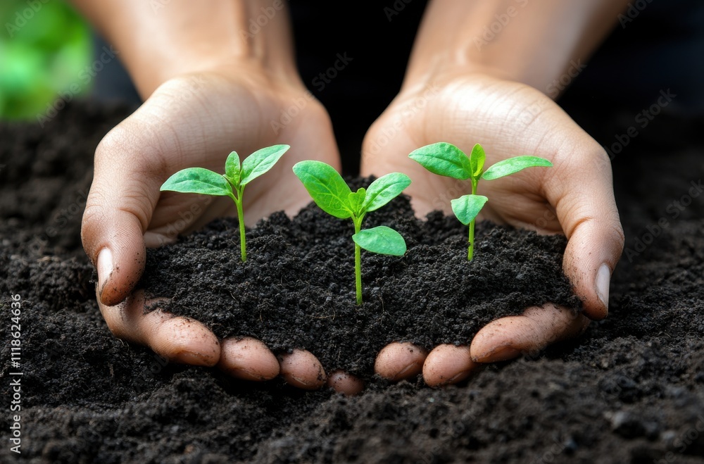 Nurturing New Life: Hands Holding Fresh Green Seedlings Emerging from Rich Dark Soil in a Symbol of Growth and Environmental Care for Sustainable Futures Nurturing New Life: Hands Holding Fresh Green Seedlings Emerging from Rich Dark Soil in a Symbol of Growth and Environmental Care for Sustainable Futures