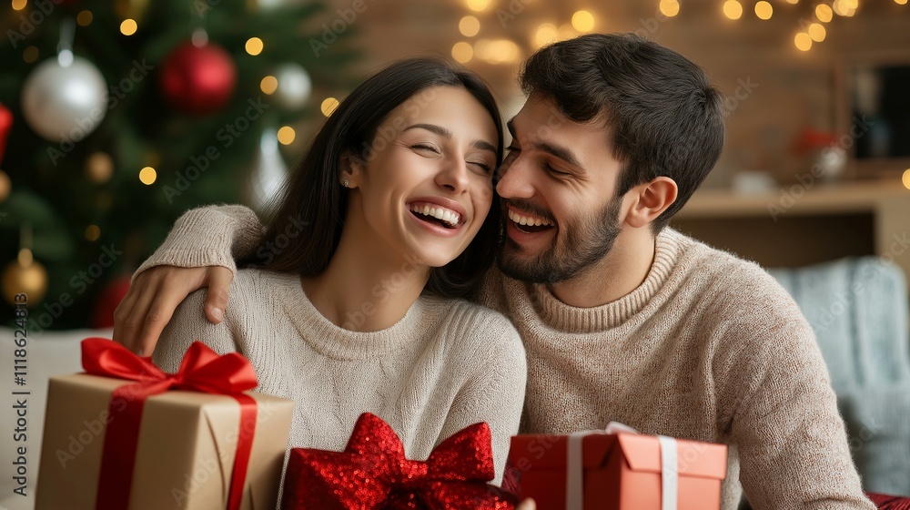 Joyful couple exchanging gifts by the Christmas tree, embracing the holiday spirit with laughter. Joyful couple exchanging gifts by the Christmas tree, embracing the holiday spirit with laughter.