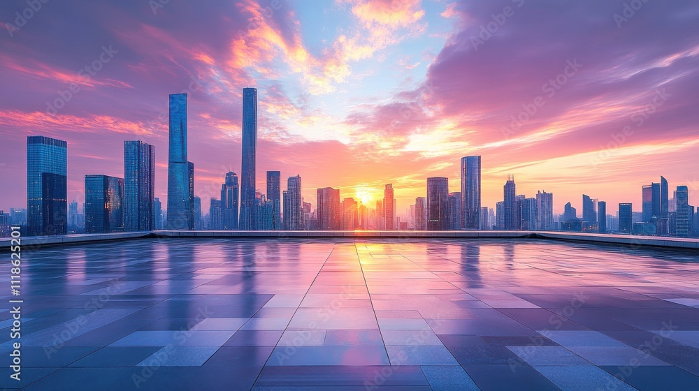Fototapeta premium Bright city skyline at dawn with an empty square space and a sleek futuristic bridge