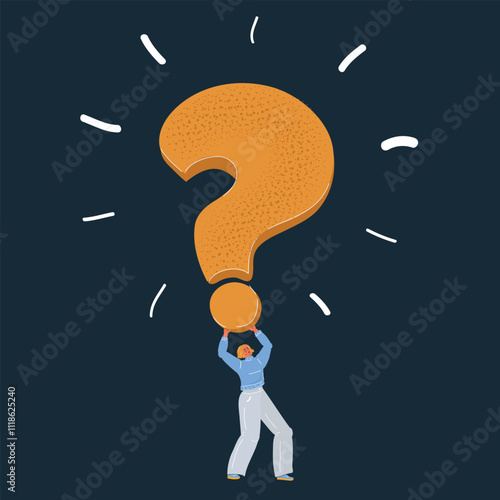 Cartoon vector illustration of woman with question mark on dark background.