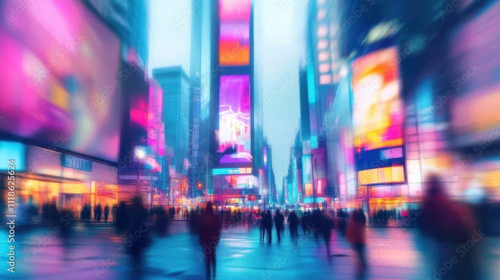 Blurred motion of city street at night with vibrant advertising billboards and crowds of people. Blurred motion of city street at night with vibrant advertising billboards and crowds of people.