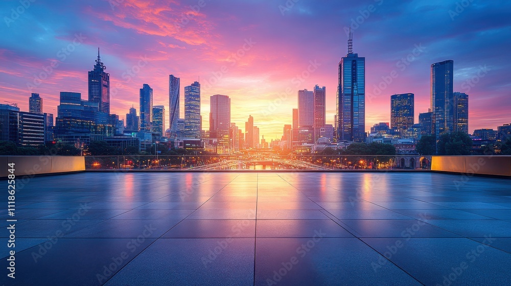 Obraz premium Bright city skyline at dawn with an empty square space and a sleek futuristic bridge
