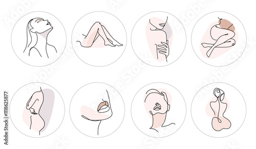 Set of beauty icons in one line Instagram. Hand-drawn social media story covers.