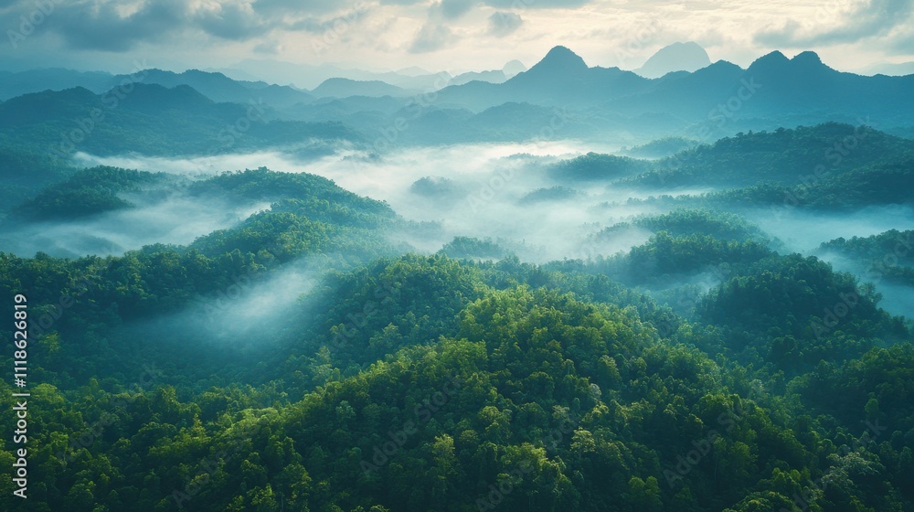 Serene Aerial View of Lush Green Mountains Enveloped in Misty Fog and Soft Sunlight, Showcasing the Beauty of Nature's Untouched Wilderness Landscape Serene Aerial View of Lush Green Mountains Enveloped in Misty Fog and Soft Sunlight, Showcasing the Beauty of Nature's Untouched Wilderness Landscape
