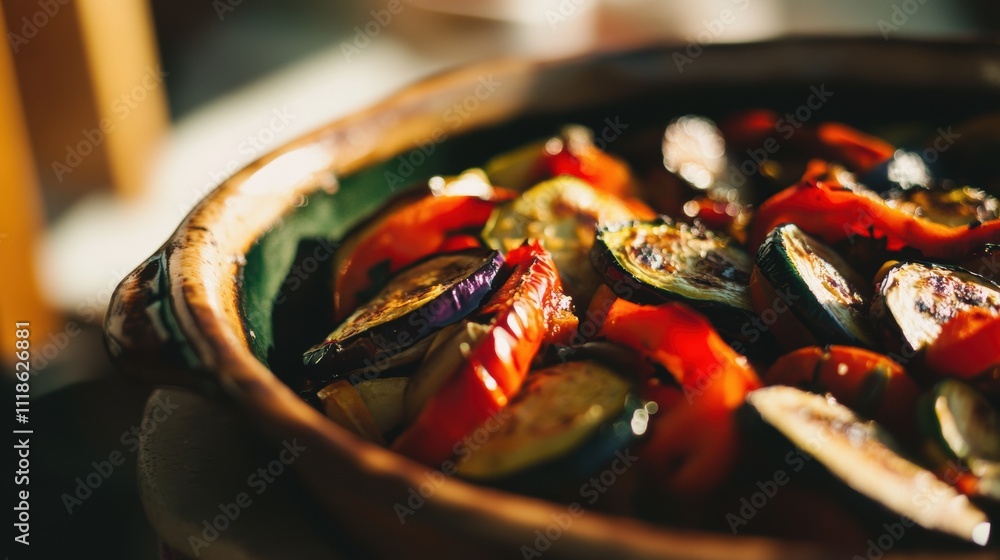 Close-up of traditional French ratatouille with vibrant roasted vegetables, including zucchini, eggplant, tomatoes, and bell peppers, drizzled with olive oil in a rustic ceramic bowl Close-up of traditional French ratatouille with vibrant roasted vegetables, including zucchini, eggplant, tomatoes, and bell peppers, drizzled with olive oil in a rustic ceramic bowl