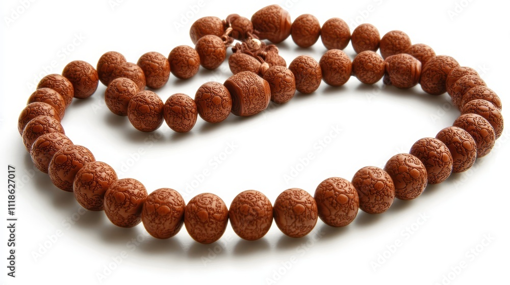 Brown beaded necklace, textured, isolated on white background. Brown beaded necklace, textured, isolated on white background.