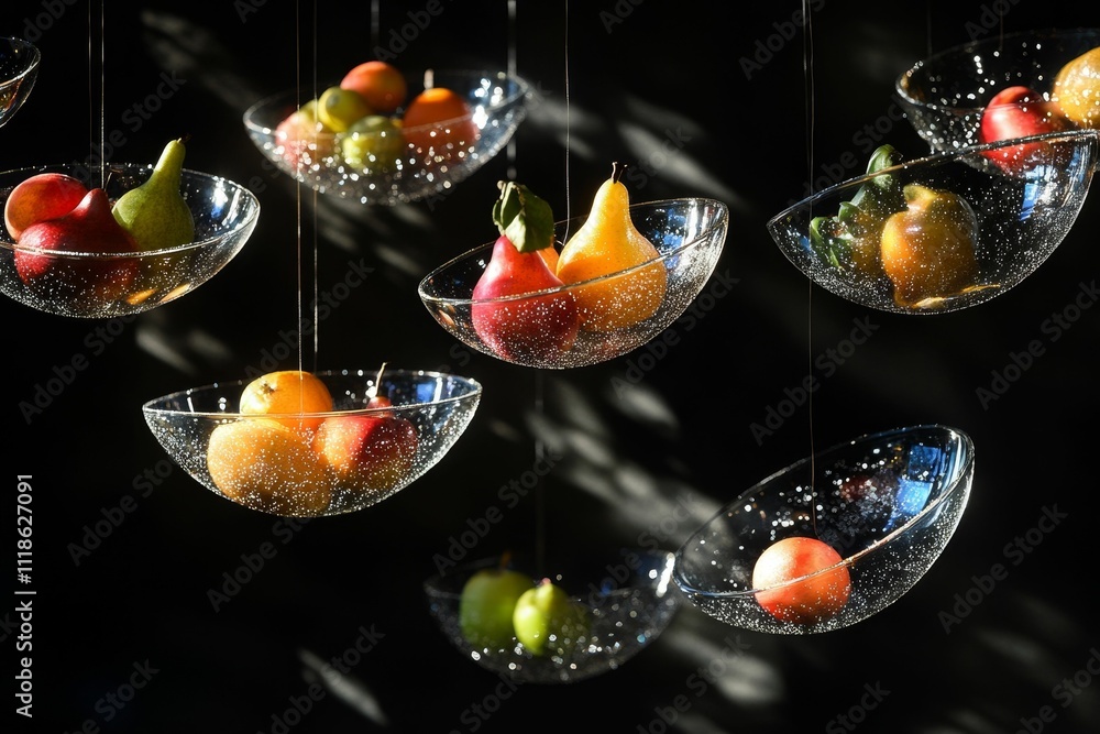 Fruit in suspended glass bowls, dark background. Fruit in suspended glass bowls, dark background.